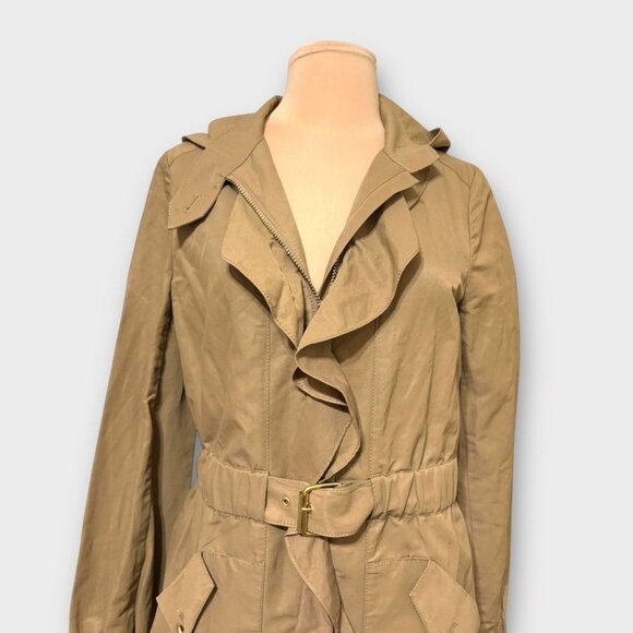 Tory Burch Warren Ruffle Coat 4 Tan Jacket Raincoat Trench Zip Hooded Classic - Picture 11 of 11